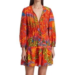 FARM RIO Magic Forest Dress Mini Beaded Tassel Long Sleeve Colorful Fun Small